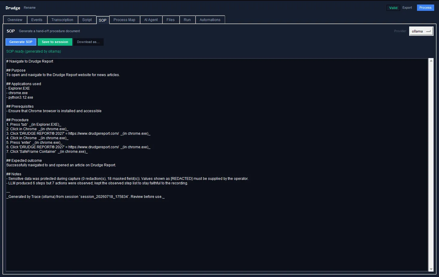 Trace's SOP tab: a generated hand-off procedure document ready for review.